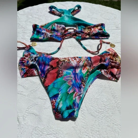 Luli Fama Multicolor high neck Bikini with Gold Accents - Picture 5 of 7